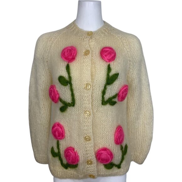 Vintage Wool Mohair Cardigan Sweater S Cream Floral Italy - Picture 1 of 14